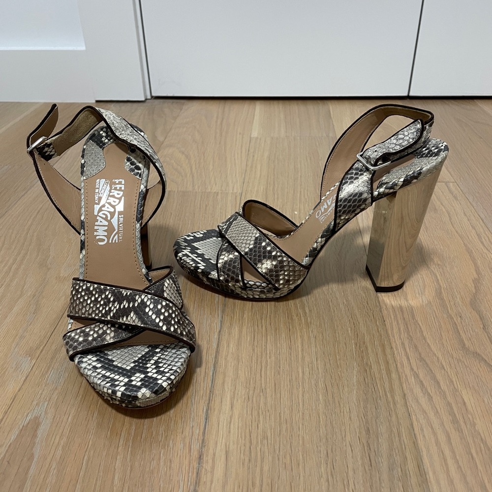 New Ferragamo snakeskin stacked mirror heel sandals